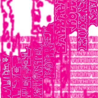 Grafisches Plakat in leuchtendem Pink mit übereinandergelegten, verzerrten Schriftzügen und abstrahierten Figurenformen vor einem unscharfen typografischen Hintergrund.