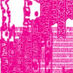 Graphic poster in bright pink with layered, distorted lettering and abstract human-like shapes against a blurred typographic background.