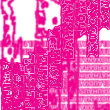 Graphic poster in bright pink with layered, distorted lettering and abstract human-like shapes against a blurred typographic background.