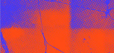 Abstraktes grafisches Bild in kräftigem Orange und Blau, geprägt von einem feinen Punktraster, diagonalen Linien und rauen, überlagerten Flächen. Design: Cissy Hecht