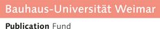 The type-logo consists of two lines of text. The upper line reads: »Bauhaus-Universität Weimar« (in white letters on a salmon-colored background); the lower line reads: »Publication Fund« (in black letters on a white background).