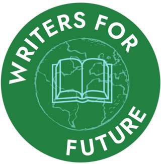 grünes Logo der Writers for Future mit Weltkugel und Buch