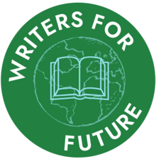 grünes Logo der Writers for Future mit Weltkugel und Buch