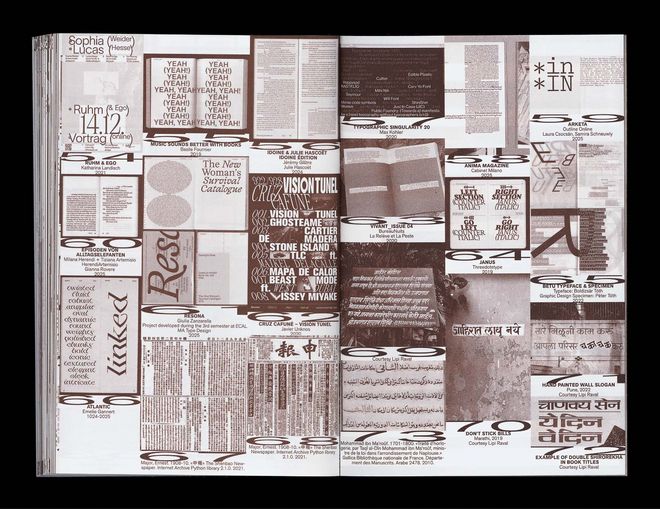 Double page of a publication with a collage of historical and contemporary typographic examples. Various writing systems, layouts, markings and forms of emphasis are visible.
