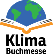 Logo der Klimabuchmesse mit Weltkugel und aufgeschlagenem Buch