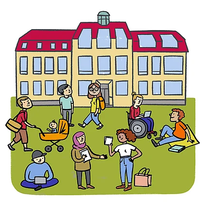 gezeichnetes Bild Hauptgebäude mit Menschen davor.