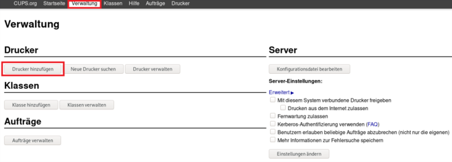 Call up CUPS "Administration" via the web frontend under "localhost:631" in the browser. Or start the installation dialogue of the distribution via "Add printer".