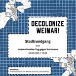 Logo von Decolonize Weimar und Auszug aus dem Stadtplan mit Orten des Stadtrundgangs