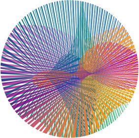 Abstrakte kreisförmige Grafik mit zahlreichen farbigen, sich überlagernden Linien. Die Linien verlaufen strahlenförmig von verschiedenen Punkten aus und bilden ein dichtes Muster in Blau-, Grün-, Pink-, Orange- und Gelbtönen. Durch die Überlagerungen entsteht ein komplexes, kaleidoskopartiges Geflecht.