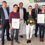 v.l.n.r.: Dipl.-Kfm. Eckhardt Thomas (Thomas Gruppe), Sebastian Heine, Prof. Horst-Michael Ludwig (FIB), Anne-Kathrin Hackel, Dipl.-Ing. Heiko Theuerkauf (dornburger zement), Luise Göbel (Foto: Bauhaus-Universität Weimar)