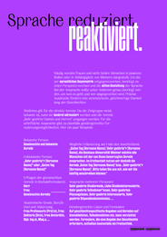 Der Titel der Rückseite greift die Formulierung der Vorderseite - »Sprache reduziert« - auf. Das Wort »reduziert« wird vom Wort »reaktiviert« überlagert. Es folgt ein längerer Text zu Sprache und Repräsentation. 