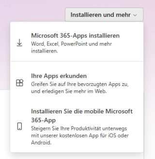 Screenshot des Drop-Down-Menüs Installieren und Mehr