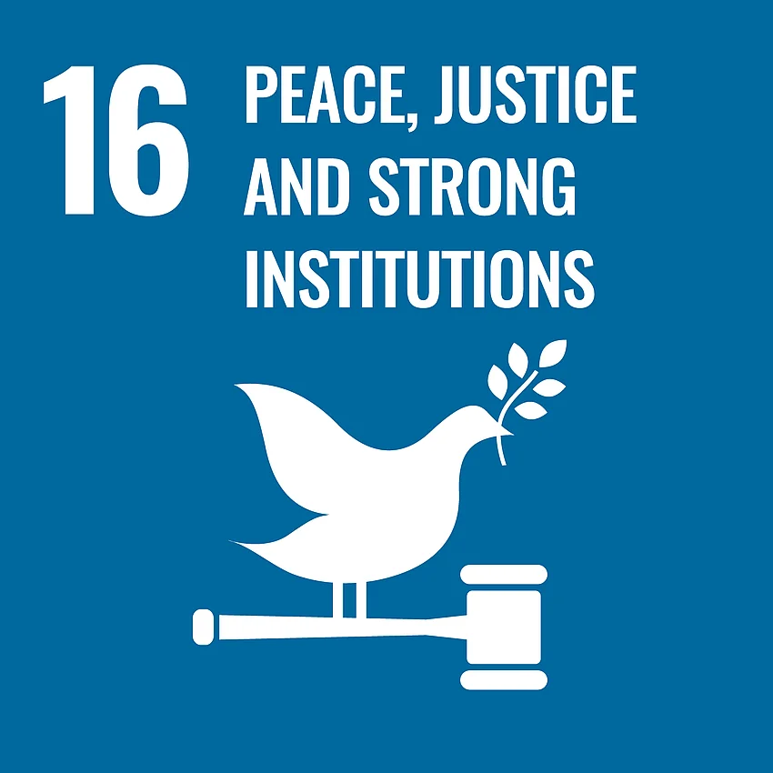 Grafik SDG Ziel 16 - "Peace, Justice and Strong Institutions" (Frieden, Gerechtigkeit und starke Institutionen), blau unterlegt mit Piktogramm einer Taube mit Olivenzweig auf einem Richterhammer stehend.