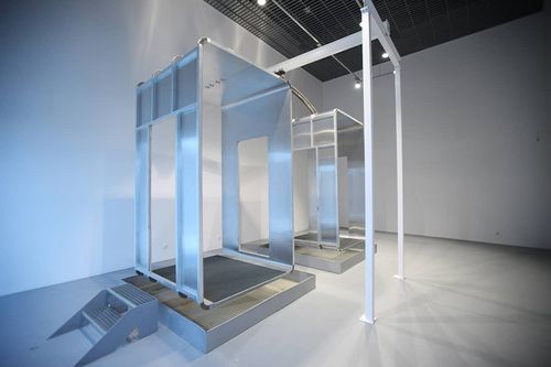 Jenny Brockmann: ‚Out of Balance’, 2012. Aluminum, steel, water, ECG. Exhibition view, Elektrownia, Radom, Poland. Photo: Marcin Kucewicz © the artist