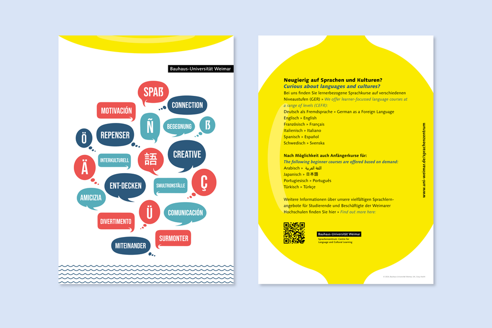 Key Visual des Sprachenzentrums der Bauhaus-Universität Weimar mit farbigen Sprechblasen in verschiedenen Sprachen und Begriffen zu Austausch, Begegnung und Lernen. Design: Cissy Hecht.