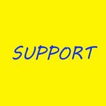 Yellow background on which is written in blue letters the word Support