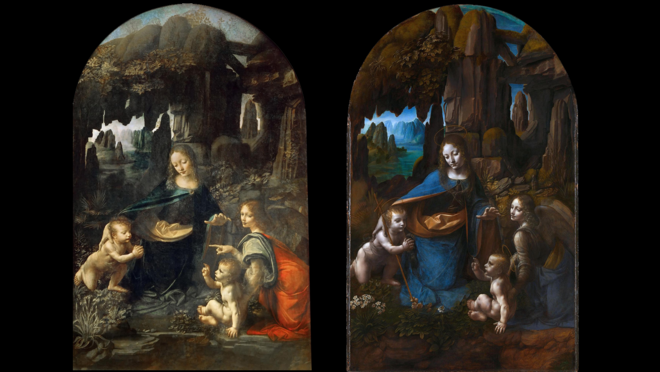 Virgin of The Rocks by Leonardo Da Vinci, 1483-1486. (Paris version at the Louvre on the right, London version at the National Gallery on the left).