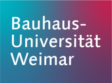 The picture shows the words »Bauhaus-Universität Weimar« in white letters on a blue-violet-red background.