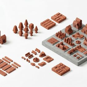 Terracotta model components sorted into groups on a white surface: houses, trees, paving strips, benches and block tiles. Beside them, a grey concrete base tile where the same parts have been assembled into a small neighbourhood.