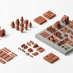 Terracotta model components sorted into groups on a white surface: houses, trees, paving strips, benches and block tiles. Beside them, a grey concrete base tile where the same parts have been assembled into a small neighbourhood.