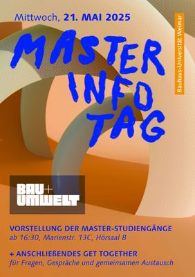 Veranstaltungsplakat Master-Infotag Fakultät Bau und Umwelt, große blaue Schrift auf orange-farbigem Hintergrund
