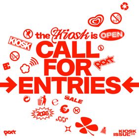 Graphic with the text “The Kiosk is open – Call for Entries” for an open call by Port magazine, surrounded by playful symbols and graphic elements
