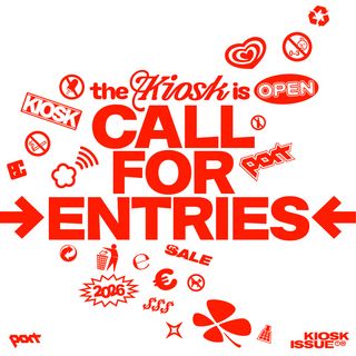 Graphic with the text “The Kiosk is open – Call for Entries” for an open call by Port magazine, surrounded by playful symbols and graphic elements