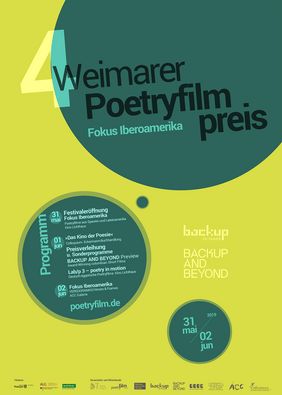 Am Samstag, 1. Juni 2019, wird der internationale Weimarer Poetryfilmpreis zum vierten Mal verliehen. Plakat zur Veranstaltung