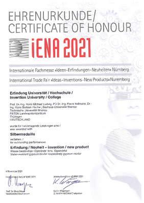 iENA 2021: Ehrenurkunde zur Silbermedaille für Prof. Dr.-Ing. Horst-Michael Ludwig, PD Dr.-Ing. Frank Bellmann und Dr.-Ing. Hans-Bertram Fischer von der Professur Werkstoffe des Bauens an der Fakultät Bauingenieurwesen iENA 2021: Ehrenurkunde zur Silbermedaille für Prof. Dr.-Ing. Horst-Michael Ludwig, PD Dr.-Ing. Frank Bellmann und Dr.-Ing. Hans-Bertram Fischer von der Professur Werkstoffe des Bauens an der Fakultät Bauingenieurwesen