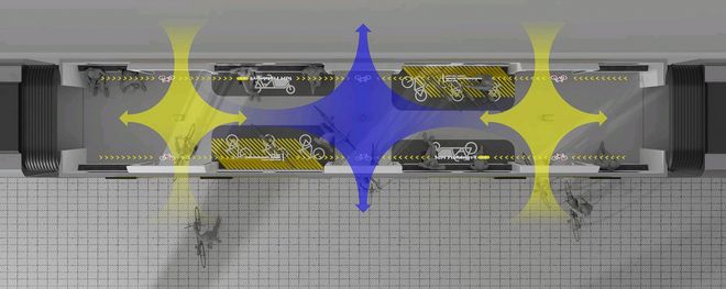 Draufsicht auf das Fahrradabteil mit optisch hervorgehobenen Laufwegen