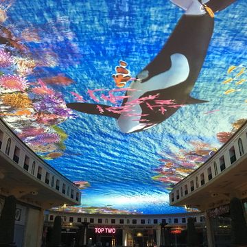 Deckenprojektion im Einkaufszentrum »Das Schloss Steglitz« in Berlin: über 1.200 Quadratmeter Projektionsfläche mit 78 Projektoren. Quelle: VIOSO GmbH