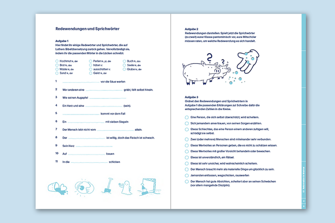 Texte und Aufgaben: Tom Wirkus, Simone Schwark, Layout und Satz: Lena Haubner, Illustrationen: Hannes Naumann Doppelseite des Arbeitsheftes