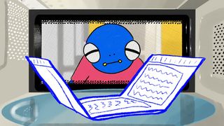 Gezeichneter blauer Frosch schaut durch eine Mikrowellentür auf ein aufgeklapptes Buch im Inneren.