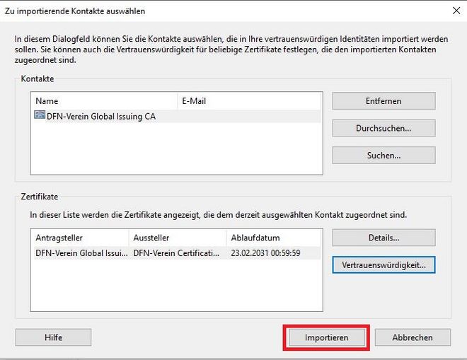Screenshot mit Hervorhebung des Schrittes: Klick auf »Importieren«