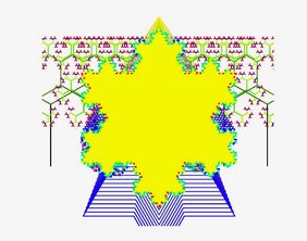 Kochsche Schneeflocke vor einem Wald von goldenen fraktalen Bäumen.