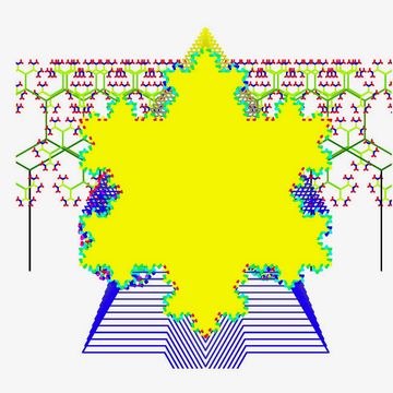 Kochsche Schneeflocke vor einem Wald von goldenen fraktalen Bäumen.