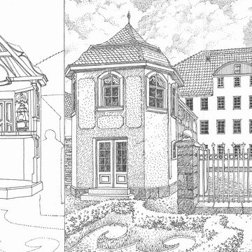 Gartenpavillon Scherfgasse2 für ein Leporello des Freundeskreises, der den Wiederaufbau unterstützte