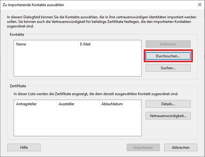 Screenshot mit Hervorhebung des Schrittes: Klick auf »Durchsuchen«