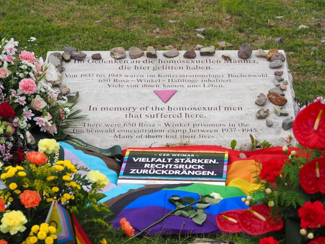 The photo shows various flower arrangements at the memorial stone for the homosexual men imprisoned and murdered by the Nazis in the Buchenwald and Mittelbau-Dora concentration camps. The memorial plaque bears the inscription (in German and English): »In memory of the homosexual men that suffered here / There were 650 Rosa Winkel prisoners in the Buchenwald concentration camp between 1937 – 1945. Many of them lost their lives«.