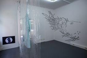 Print and drawing on the wall taken through a plastic curtain