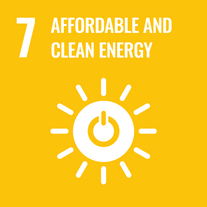 Grafik SDG Ziel 7 - "Affordable and clean Energy" (Bezahlbare und saubere Energie), gelb unterlegt mit Piktogramm einer Sonne mit An/Aus-Symbol in der Mitte