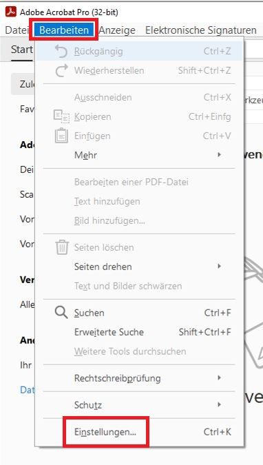 Screenshot mit Hervorhebung der einzelnen Schritte: Gehen Sie auf Bearbeiten und dann auf Einstellungen...