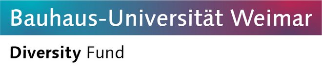 The type logo shows the words »Bauhaus Universität Weimar« in white letters on a blue-violet-red background (the colours merge with one another). Underneath, the logo shows the words »Diversity Fund« in black letters on a white background.