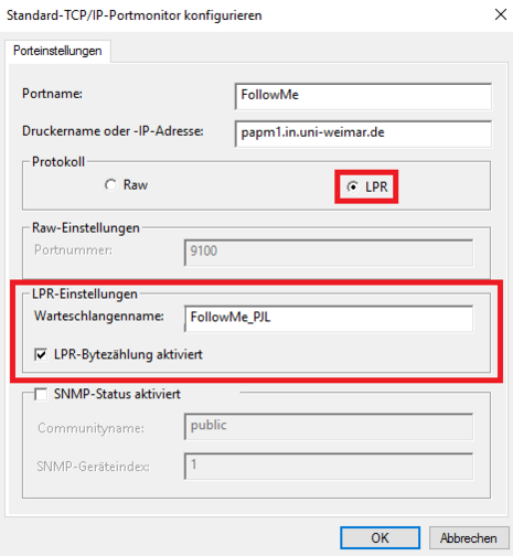 Portname & Druckername sind definiert, Protokoll auf LPR mit Bytezählung umstellen und als Warteschlangenname: "FollowMe_PJL" festlegen. 							ACHTUNG: Bitte auf Schreibweise der Warteschlange achten!