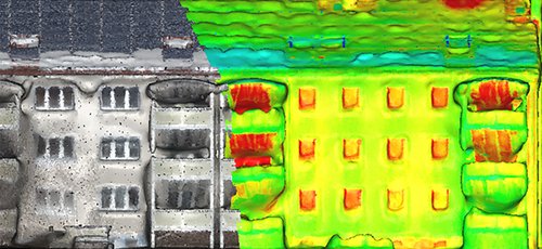 Ansicht auf die Fassade des Beispielgebäudes im 3D-Modell: Die bunten Einfärbungen zeigen die Oberflächentemperatur des Objekts an. (Grafik: Sven Daubert)