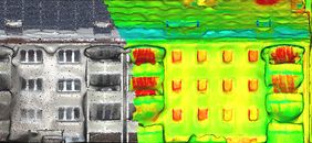 Ansicht auf die Fassade des Beispielgebäudes im 3D-Modell: Die bunten Einfärbungen zeigen die Oberflächentemperatur des Objekts an. (Grafik: Sven Daubert) Ansicht auf die Fassade des Beispielgebäudes im 3D-Modell: Die bunten Einfärbungen zeigen die Oberflächentemperatur des Objekts an. (Grafik: Sven Daubert)