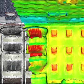 View of the facade of the example building in the 3D model: The colored shades indicate the surface temperature of the object. (Graphic: Sven Daubert)