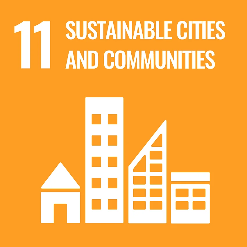 Grafik SDG Ziel 11 - "Sustainable Cities and Communities" (Nachhaltige Städte und Gemeinden), orange unterlegt mit Piktogramm einer Stadtskyline.
