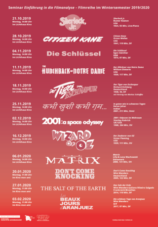 Plakat zur Filmreihe »Einführung in die Filmanalyse« WS 2019/20 (Gestaltung: Hannah Meyer, hueftstern.com)