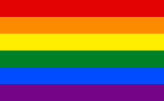 The six-striped rainbow flag has horizontal stripes in the following colors (from top to bottom): Red, orange, yellow, green, blue, violet.